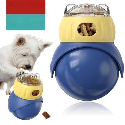 Yellow and blue Tumbler Owl cat puzzle feeder with dual food compartments and weighted base