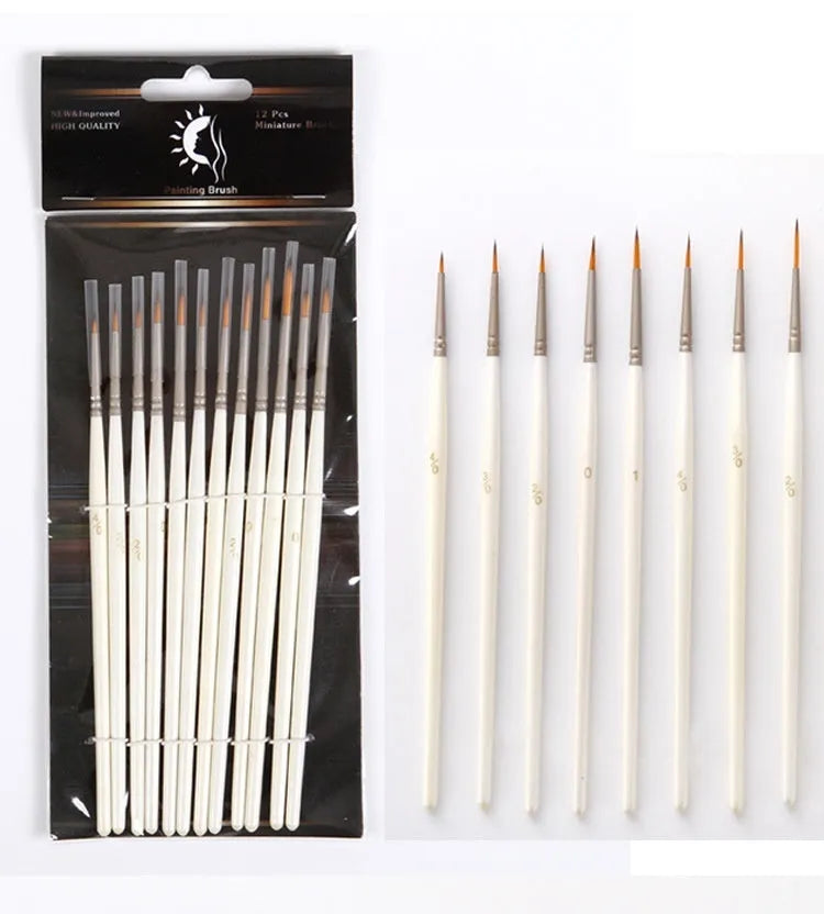 Set of 12 Pearl White nylon wool artist brushes in a solid wood pen holder, for watercolour and acrylic painting.