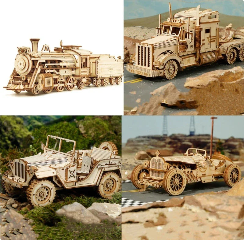 3D wooden train puzzle kit with 308 interlocking pieces for a rewarding DIY building experience