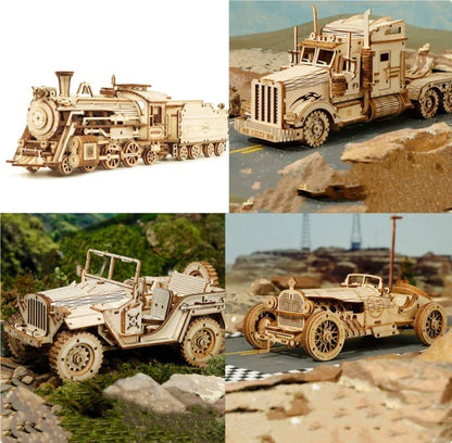 3D wooden train puzzle kit with 308 interlocking pieces for a rewarding DIY building experience