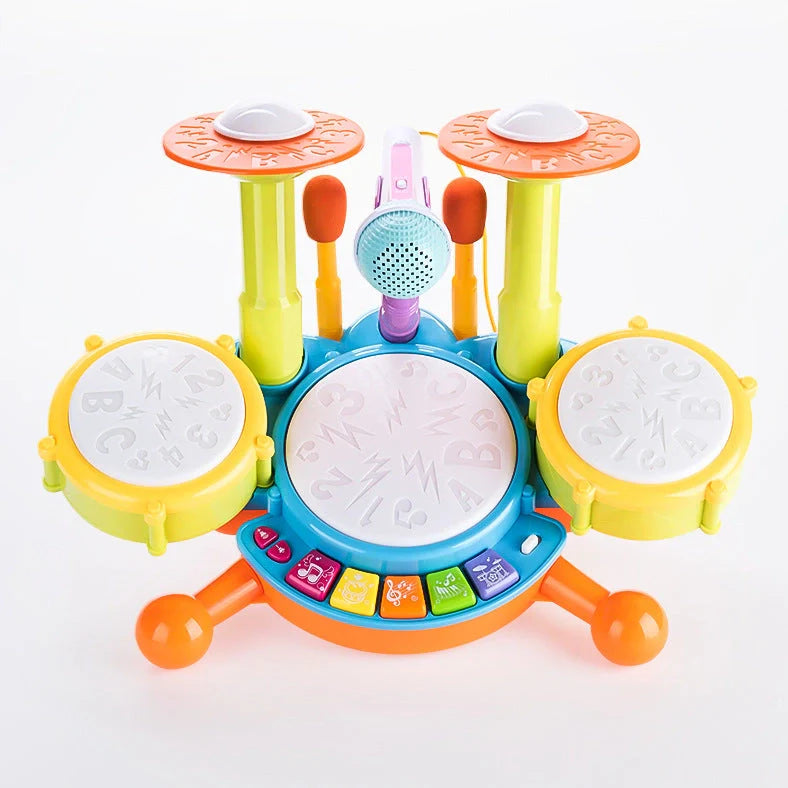 Yellow plastic children's hand-tapping drum toy with electronic sound activation