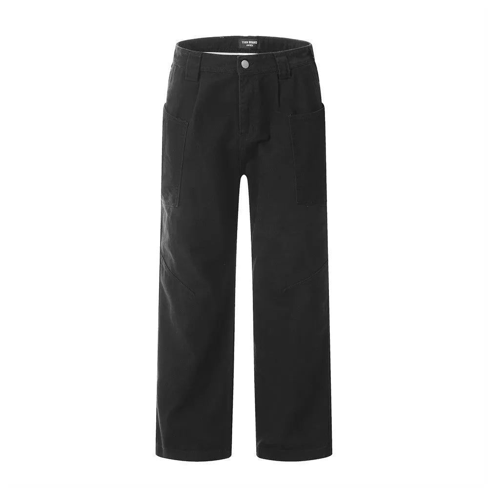 Men's cotton denim work trousers with mid waist, shown in black, brown and coffee, sizes XS to XXL for youth leisure wear.