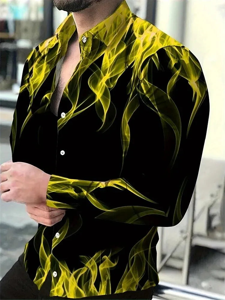 Man wearing a loose-fit, long sleeve Hawaiian shirt with a floral pattern