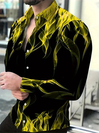 Man wearing a loose-fit, long sleeve Hawaiian shirt with a floral pattern
