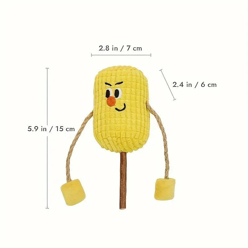 Polio wood cat toy for cleaning teeth with corn cob design and catnip infusion, 7 cm by 6 cm by 15 cm in size, weighing 30 grams, offered as a molar stick for feline dental care and play, available in Boxer and Coach style options.