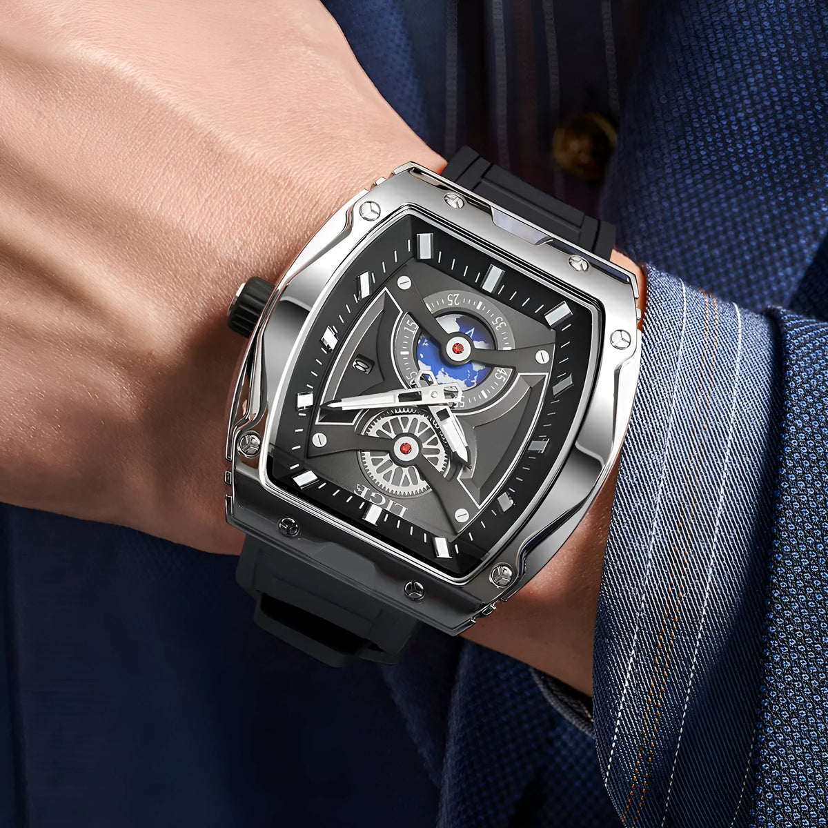 Men's tonneau watch with stainless steel case, silicone strap, and silver blue dial, 15mm thick.