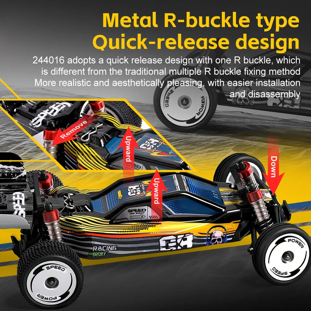 Black two-wheel drive remote control toy car with proportional steering and impact-resistant ABS plastic body
