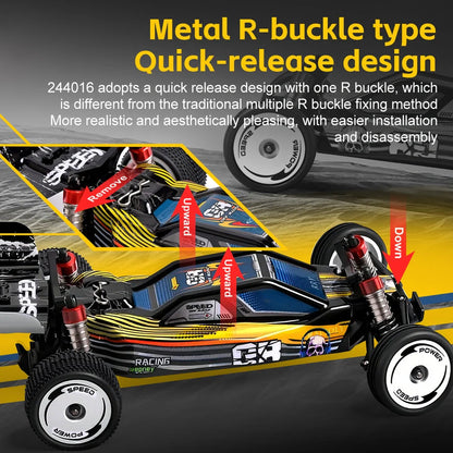 Black two-wheel drive remote control toy car with proportional steering and impact-resistant ABS plastic body