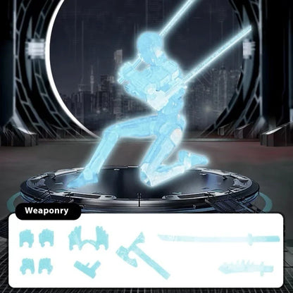 Highly posable 3D printed robot mannequin toy with interchangeable accessories, including wings and weapons