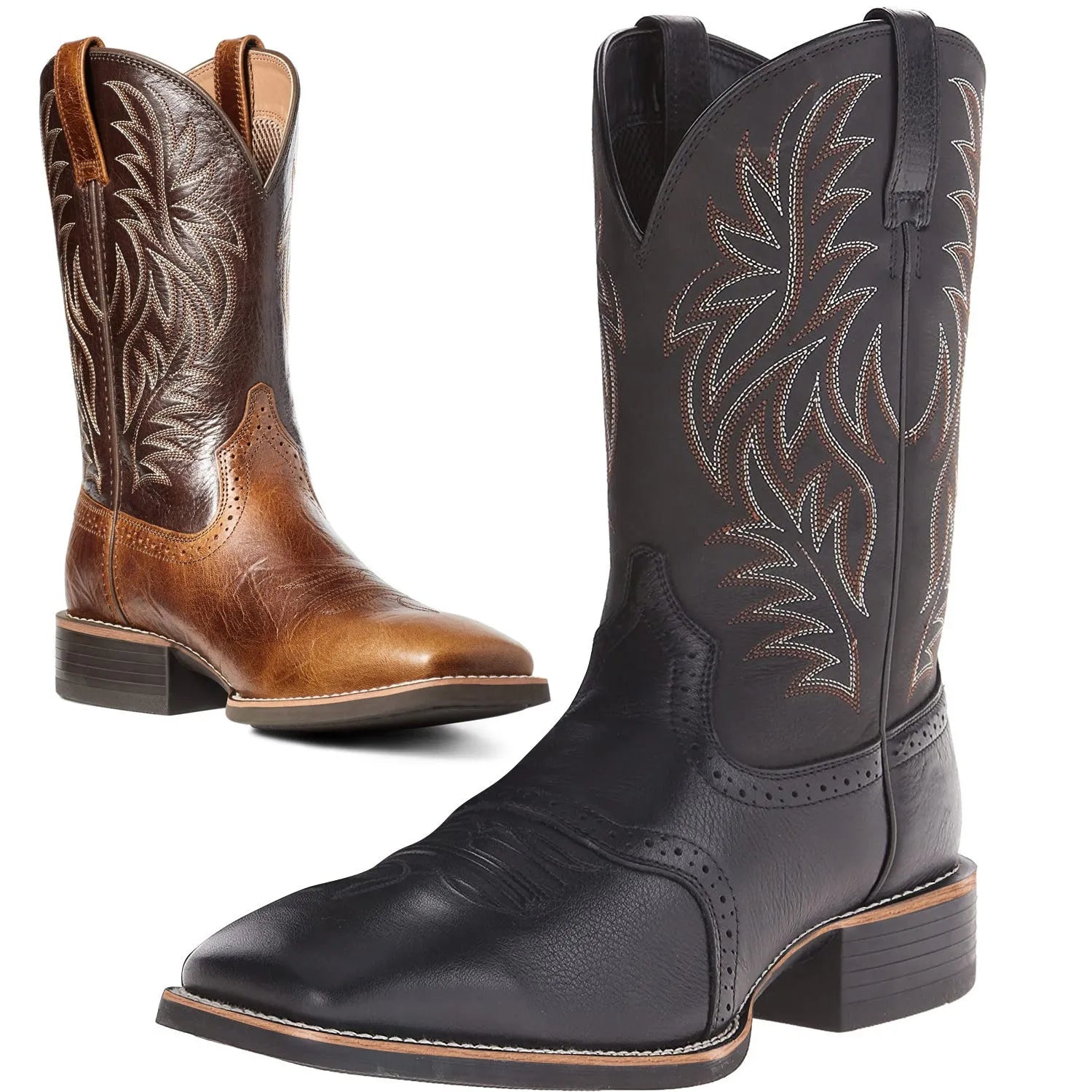 Black Western cowboy boot with vintage embroidery, square toe, and low heel on a rubber sole