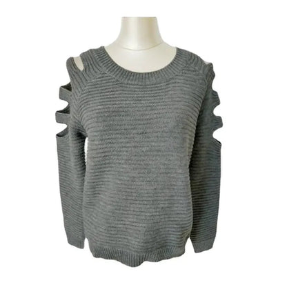 Women's solid colour knitted shirt with hollow-out crochet detailing, long sleeves, and round neck in white or grey