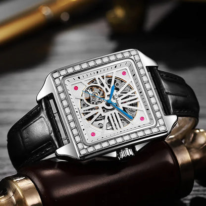 Square automatic watch with diamond-studded design on 6066A stainless steel belt for men's business wear