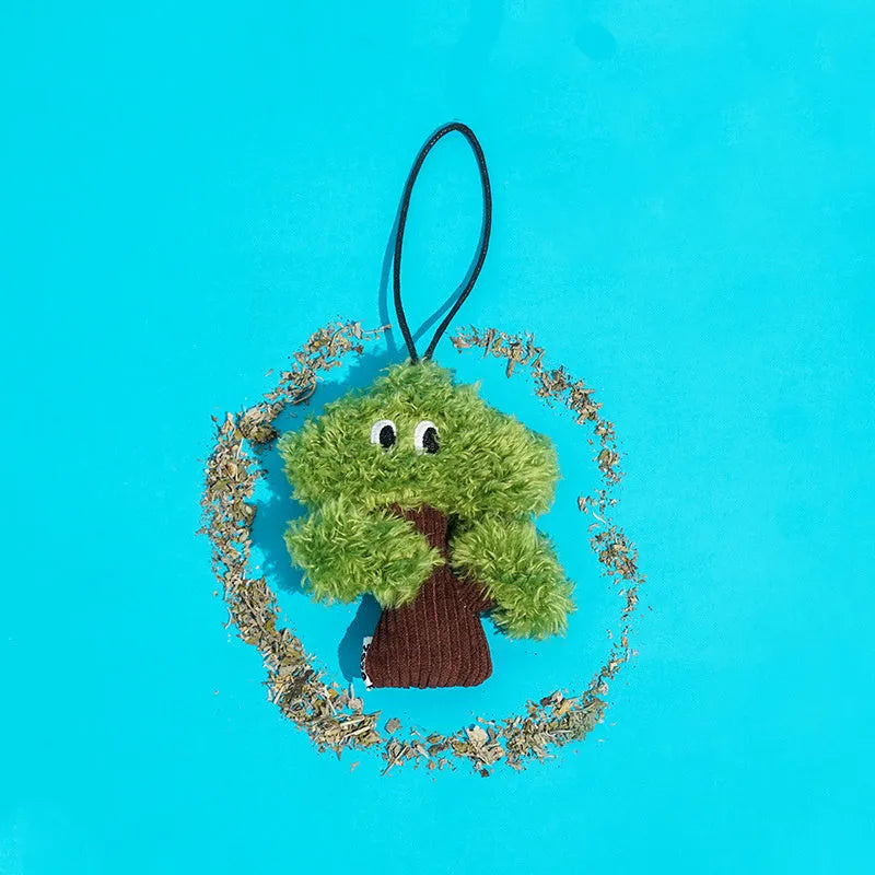 Pine tree-shaped fabric cat toy bag pendant with a hanging loop.