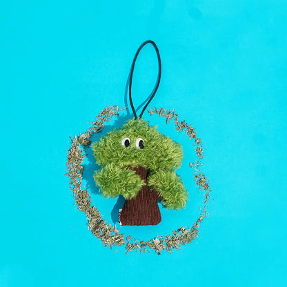 Pine tree-shaped fabric cat toy bag pendant with a hanging loop.