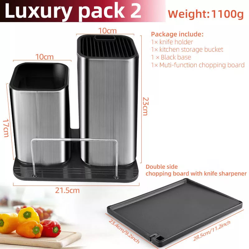 Stainless steel drainable knife and chopping board holder for kitchen organization