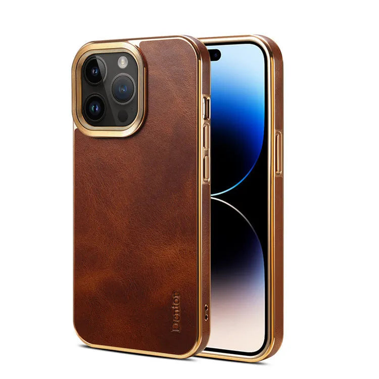 Leather phone case in vintage oil wax leather, handmade for iPhone 12 to 15 Ultra models, showing slim design and 360-degree protection.