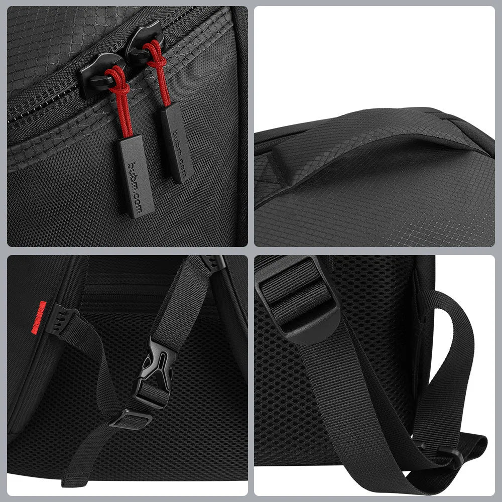 Black nylon game console storage bag for PS5 and games kit, 49 x 33 x 24cm, sewn construction
