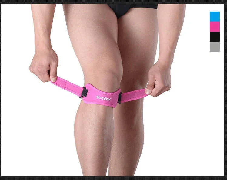 Adjustable Patella Brace in black, white, blue, and pink for knee support and injury prevention