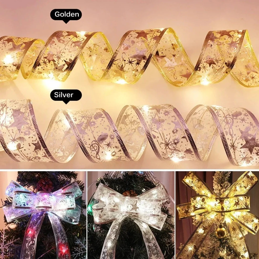 LED Christmas silk light string with battery operation in gold, red, or silver colours with 3.8cm or 5cm wide silk coverage