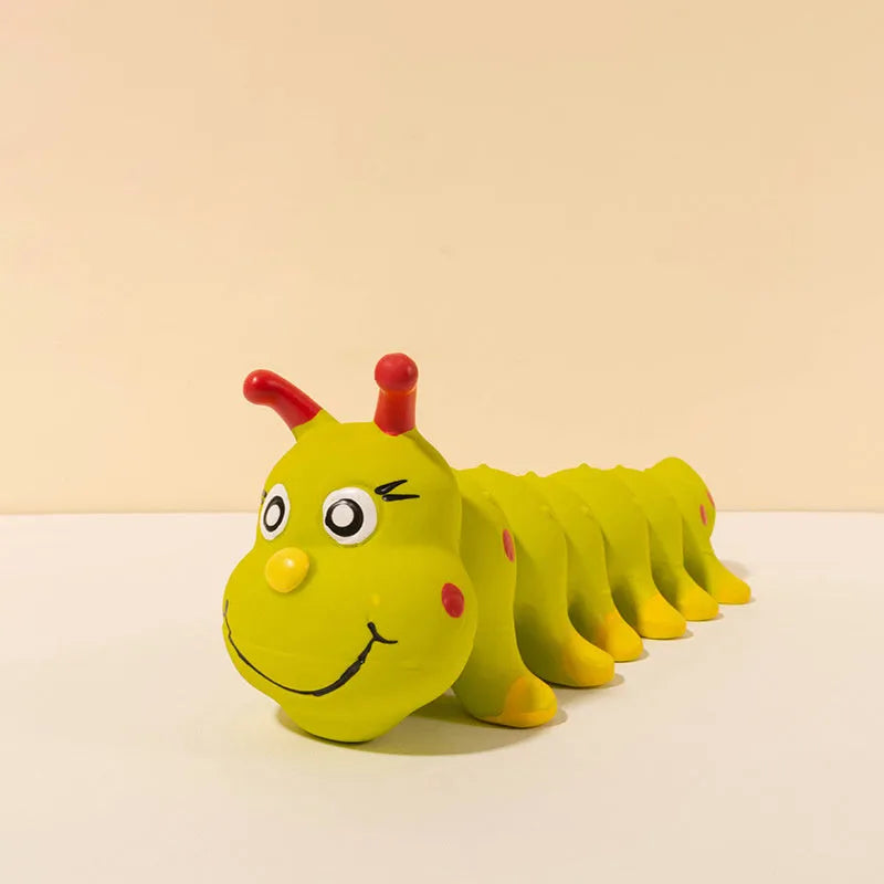 Yellow rubber caterpillar dog squeaky toy measuring 25.5x9cm for small medium breeds