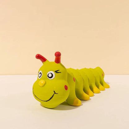Yellow rubber caterpillar dog squeaky toy measuring 25.5x9cm for small medium breeds