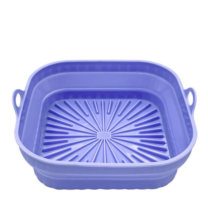 Square and round silicone air fryer liners with non-slip base in five colours including grey and pink