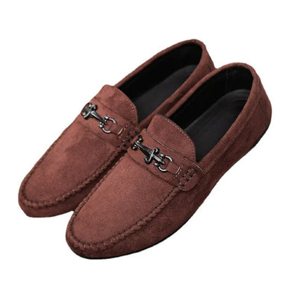 Men's black waterproof slip-on loafers with round toe and low stiletto heel on a rubber sole