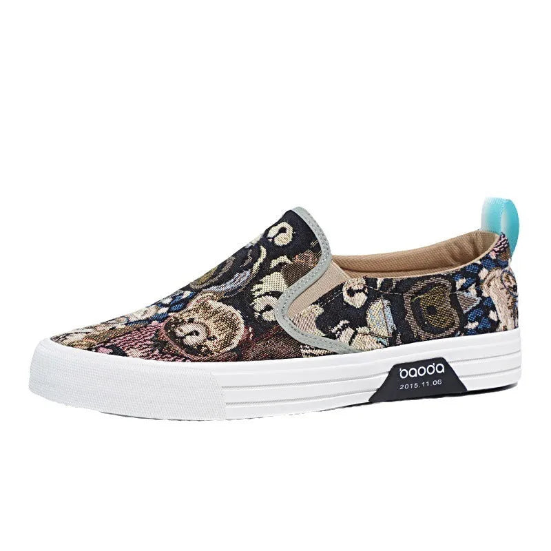 Men's low top canvas slip-on sneakers in khaki colour with vulcanised rubber sole.