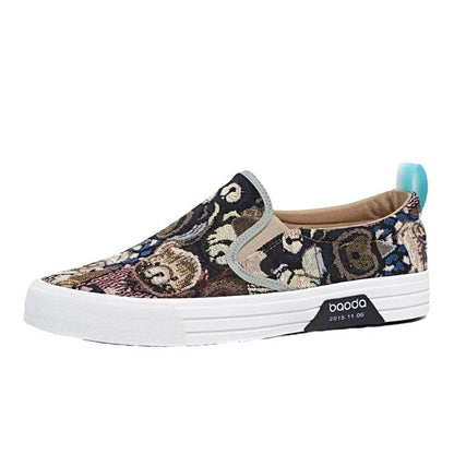 Men's low top canvas slip-on sneakers in khaki colour with vulcanised rubber sole.