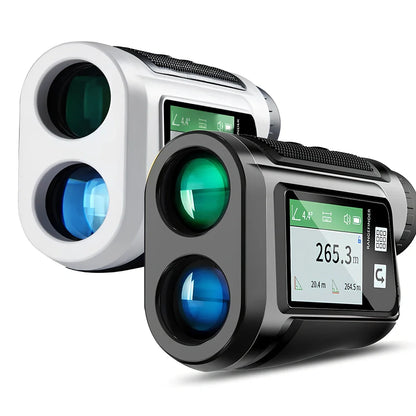 Black golf laser rangefinder with touch screen display showing distance measurement