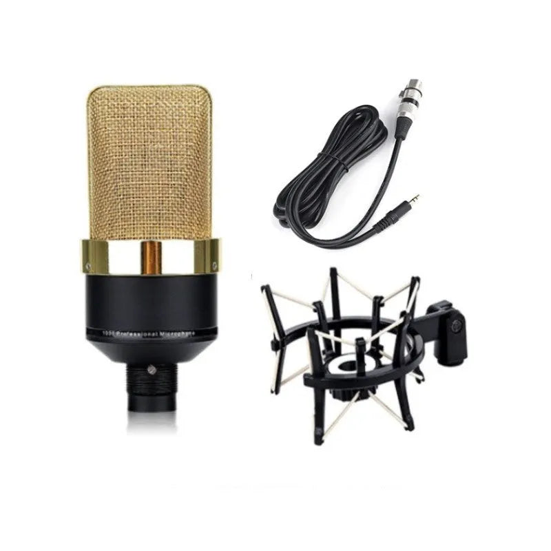 Wired condenser microphone with stand in champagne gold colour for vocal recording