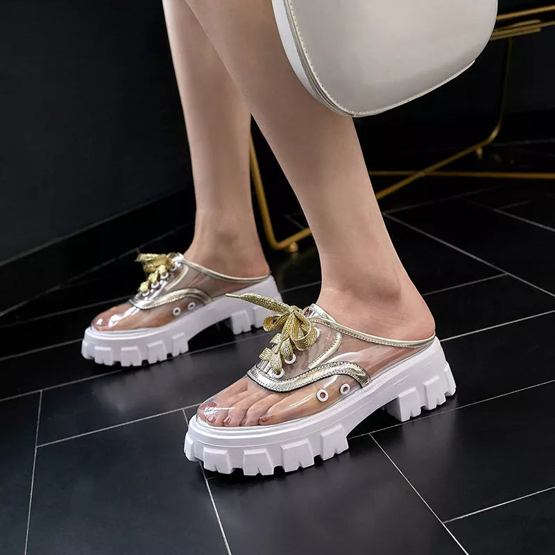 Baotou Platform Lazy Shoes in gold and silver, first layer cowhide, microfiber leather lining