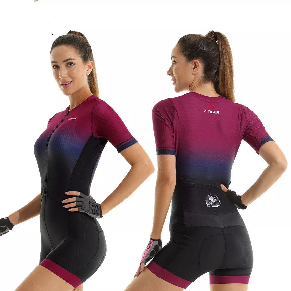 Women's summer cycling one-piece in breathable polyester fabric, available in four colors.