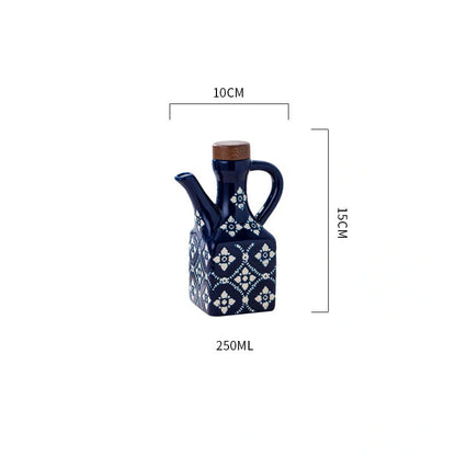 Ceramic oil pot with automatic shut-off, 520ml capacity, printed floral design in blue or wine red