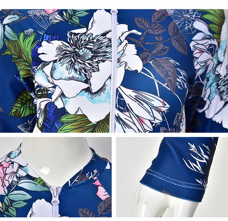 Nylon one-piece boxer swimsuit for diving in blue pattern or yellow flower print