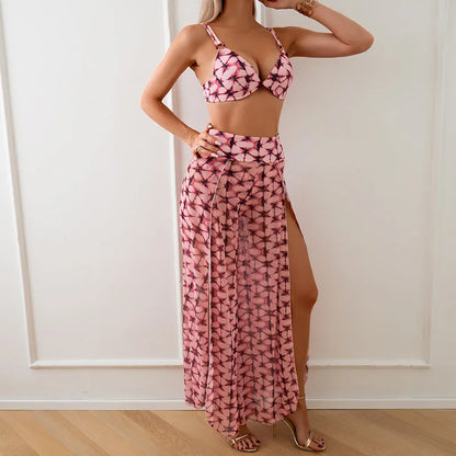 Women's three-piece bikini set in quick-dry polyester with animal print pattern