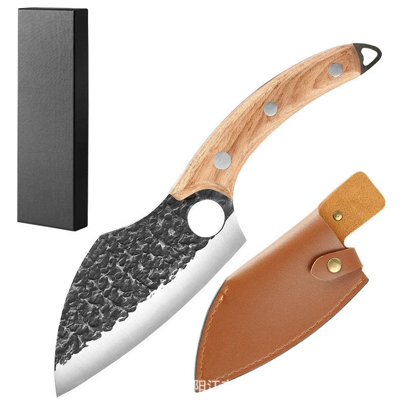 Rugged high-carbon steel outdoor folding knife with antique-inspired hammer pattern design and protective leather sheath