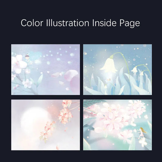 A5 notebook with luminous cover in Deep Blue, open to show 100 gsm paper and colour illustrations