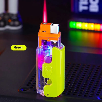Orange, purple, and green plastic windproof lighter with bare metal finish.
