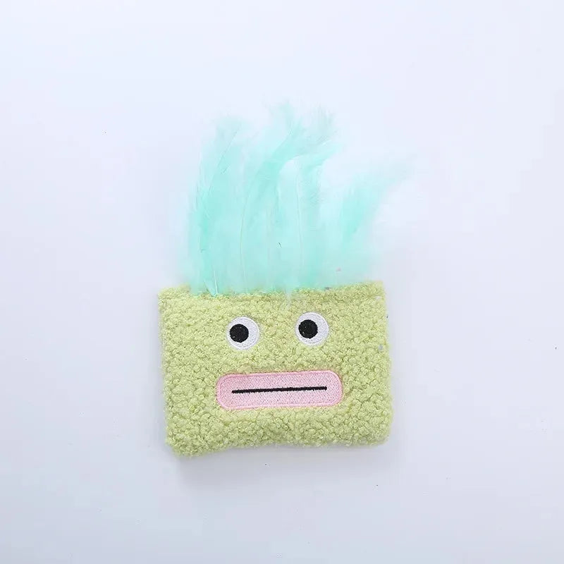 Catnip plush toy with funny explosion head shape and big mouth design in blue, green, orange, or purple colours