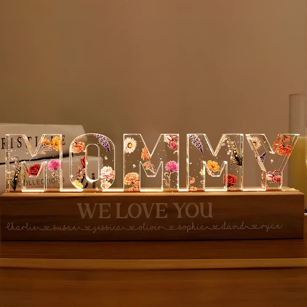 Custom flower printed LED night light with personalised text on acrylic surface in three size options