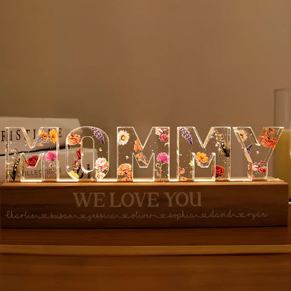 Custom flower printed LED night light with personalised text on acrylic surface in three size options