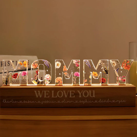Custom flower printed LED night light with personalised text on acrylic surface in three size options