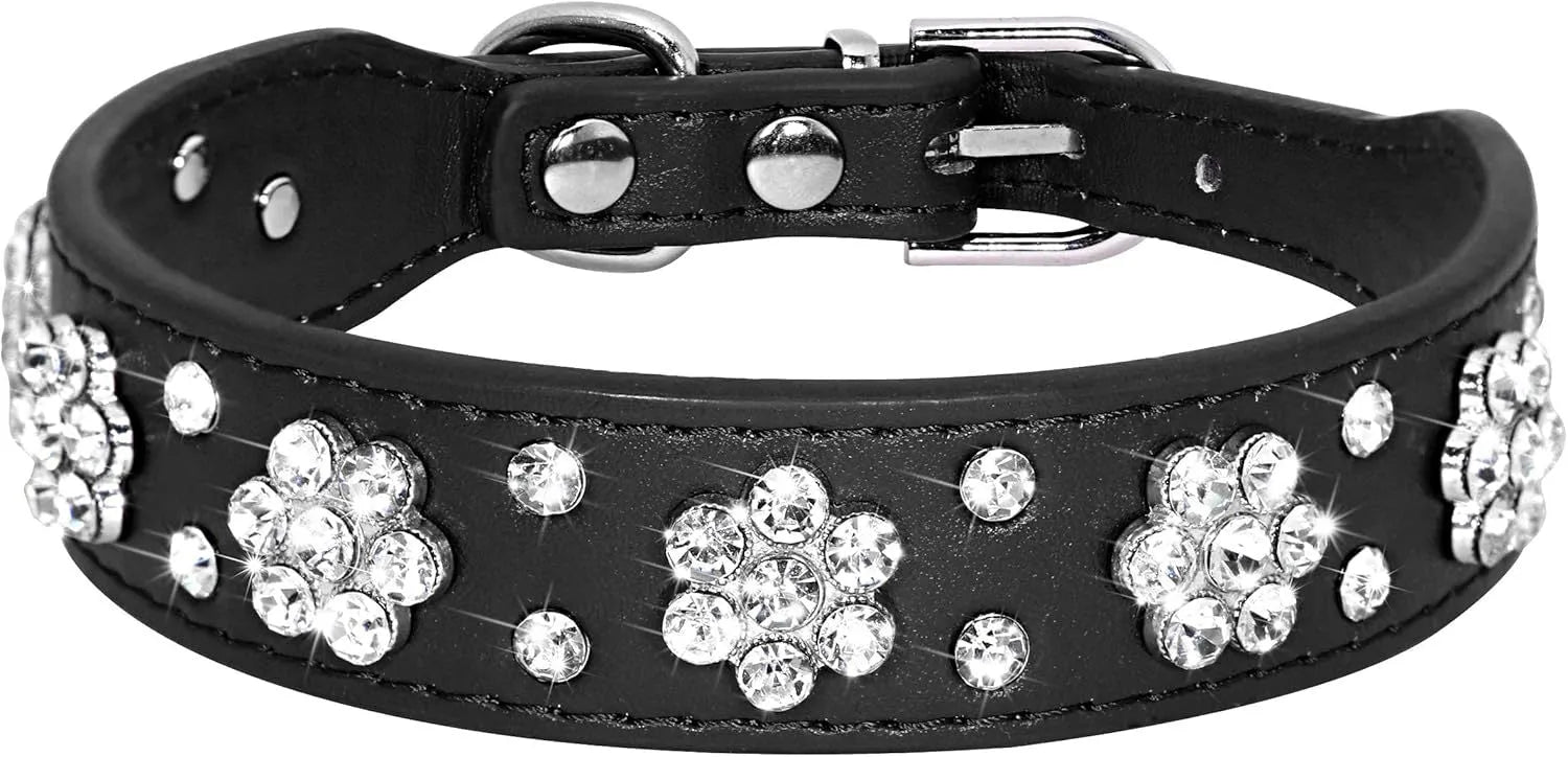 PU leather dog collar with rhinestone flower pattern and metal studs, adjustable for small and medium dogs