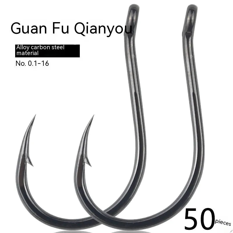 Bulk pack of alloy carbon steel sea fishing hooks with barbed crooked mouth design in various sizes.