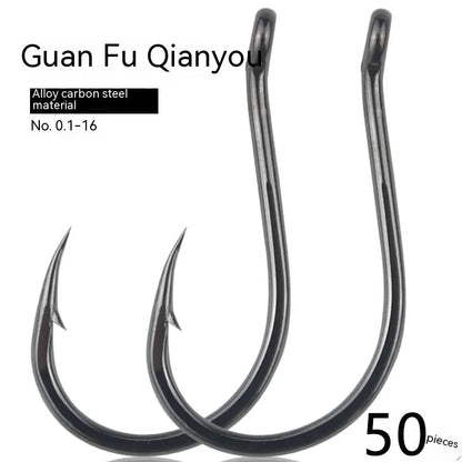 Bulk pack of alloy carbon steel sea fishing hooks with barbed crooked mouth design in various sizes.