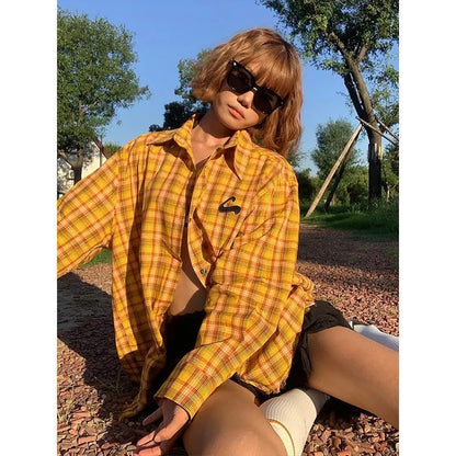 Dopamine yellow plaid shirt with loose-fit design and cardigan style for casual wear
