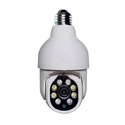 White wireless WIFI security camera with pan-tilt base showing 1080P HD resolution and 0.1 lux low-light capability
