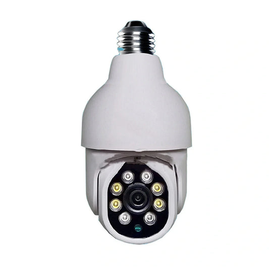 White wireless WIFI security camera with pan-tilt base showing 1080P HD resolution and 0.1 lux low-light capability