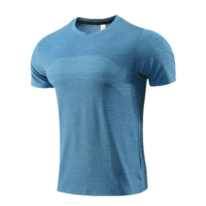 Close-up of a red polyester-spandex sports t-shirt on a hanger, showing the short sleeve and fabric texture.